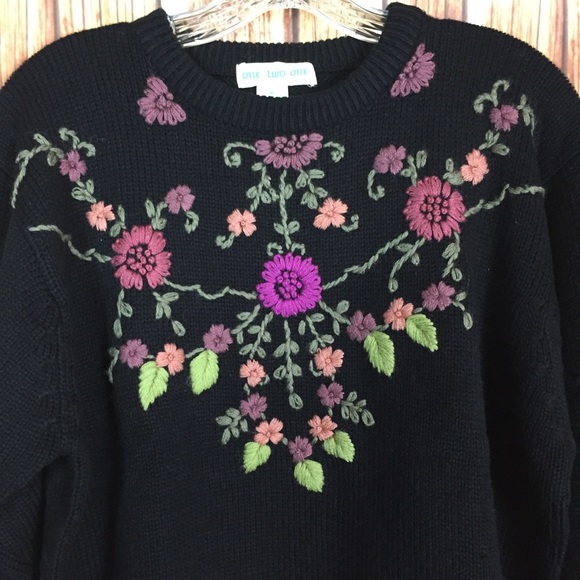 OneTwoOne Floral Embroidered Acrylic Knit Sweater - Picture 2 of 6